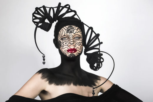 model beauty cyborg art black headpiece red lips makeupart