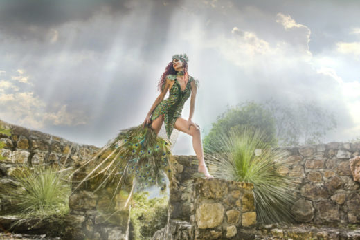 peacock  feathers and sequin dress for our divine model in the castle of Uki